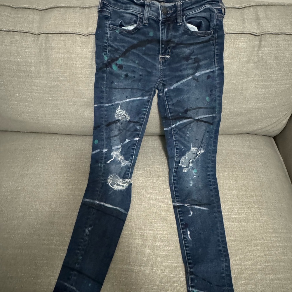 American Eagle Hand Painted Blue Distressed Tween's Jeans